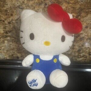 Sanrio Hello Kitty Plush Doll Stuffed Animal White Blue Overalls Red Bow
